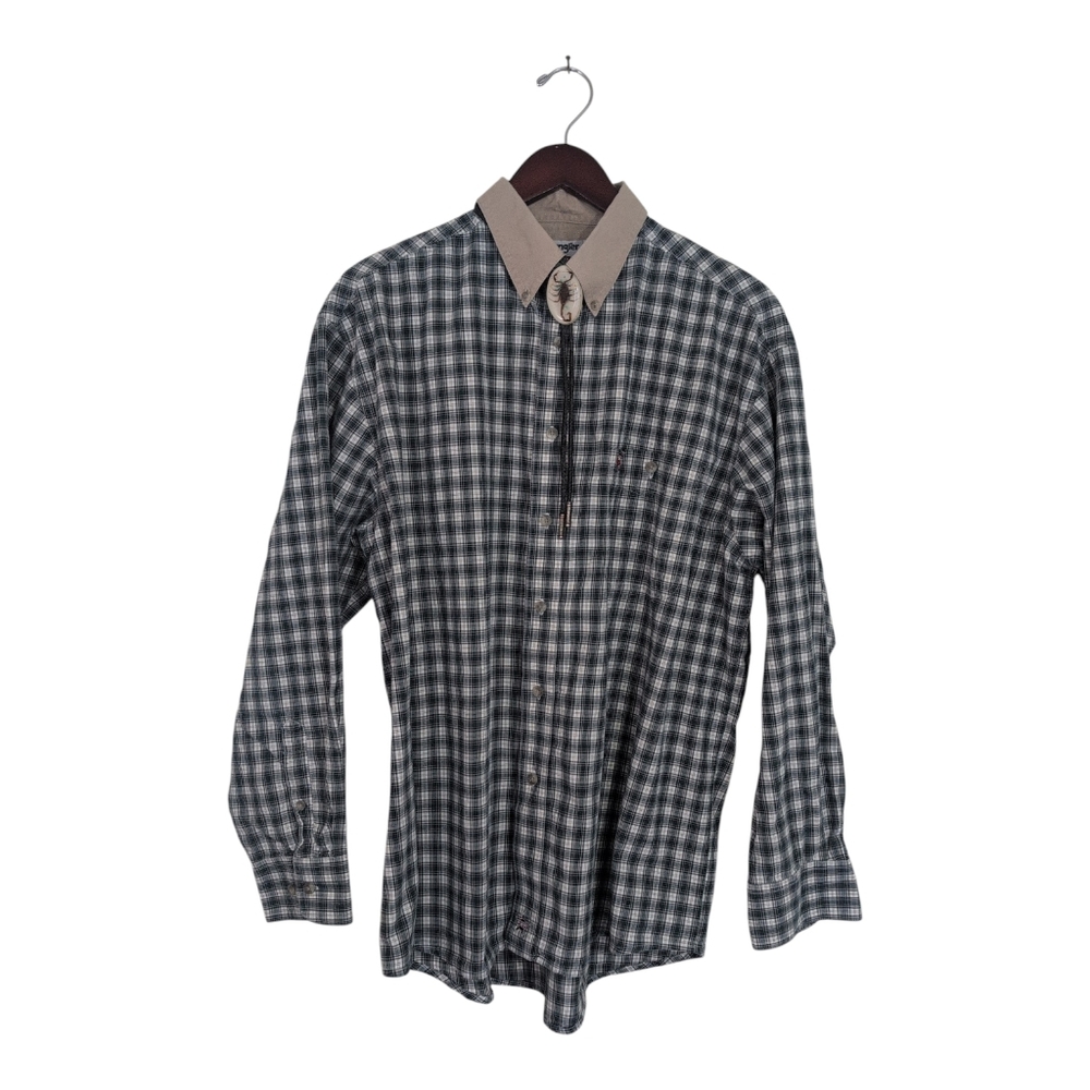 Wrangler‎ PBR shirt Men's L Button-down Western Plaid Green/White  Rodeo Logo